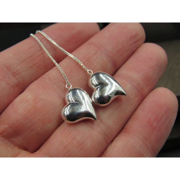 Sterling Silver Four Inch Long Heart Dangle Earrings Vintage Wedding Engagement - Picture 2 of 6